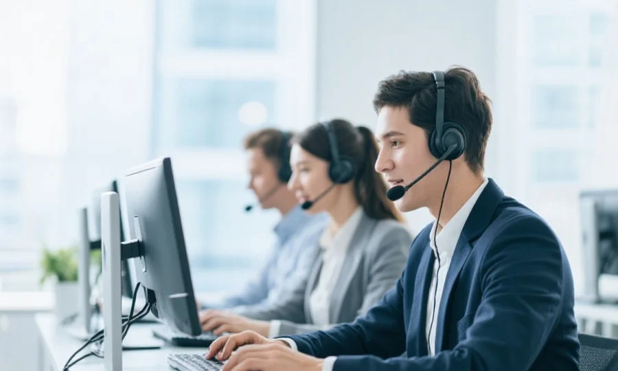现代风格的客服团队正通过电脑和耳机为用户在线解答问题，背景明亮、氛围专业