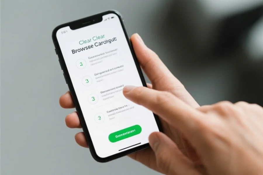 一只手在智能手机上操作，屏幕上出现清理浏览器缓存的步骤图示