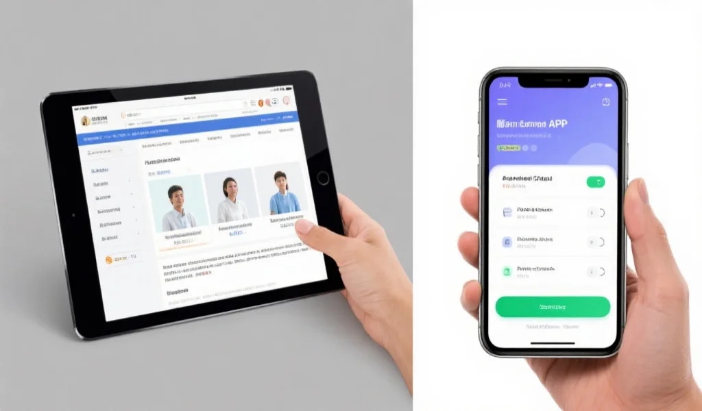 一张对比图，左侧展示用户在平板上流畅浏览网页版，右侧是用户在手机上顺畅操作APP界面